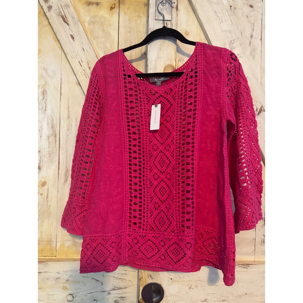 Anthropologie Blue Tassel Pink Blouse Crochet Embroidered Boho 100% Cotton Small